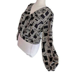 Nine West Black and White Geometric Wrap Blouse